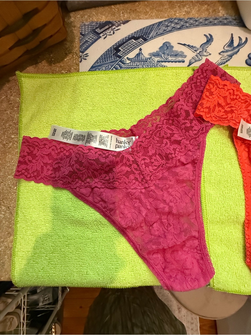 Hanky Panky Stretch Lace Thong in Fuchsia and Coral Accent